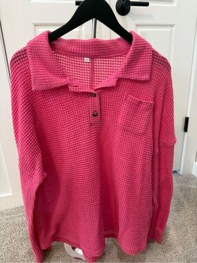 Pink Waffle-Knit Collared Pullover Top